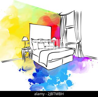 Creative Hotel Room - Colorful Apartment. Real drawing by hand. Colorful vector sign. Stock Vector
