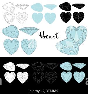 Heart cut. Cutting gems stones. Types of diamond cut. Four sides of jewelry with facets for background, carving and coloring. Stock Vector