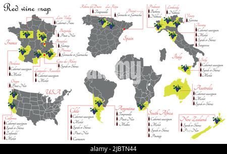 Red wine maps. Wine production maps showing grape varieties. Regions of grape growing for wine production. Stock Vector
