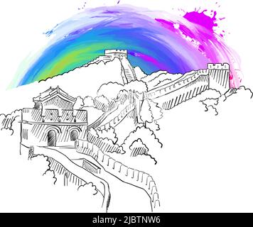 China Great Wall Drawing. Real drawing by hand. Colorful vector sign. Stock Vector