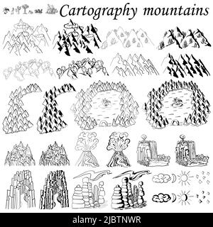 Cartography. The mountains. Elements for creating maps fantasy or games. Sea, ocean and mountains with forests, hills. Black and white hand drawn set. Stock Vector