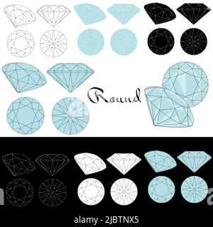 Round cut. Cutting gems stones. Types of diamond cut. Four sides of jewelry with facets for background, carving and coloring. Stock Vector