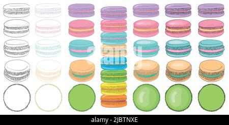 Macaron or French macaroon. Сakes illustration set.Different types of sweet pastries. Tradicional French sweet treat drawing. Stock Vector
