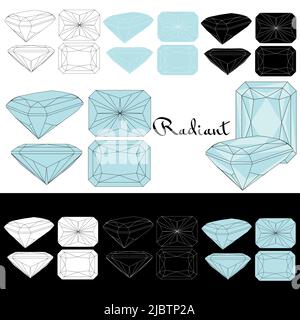 Radiant cut. Cutting gems stones. Types of diamond cut. Four sides of jewelry with facets for background, carving and coloring. Stock Vector