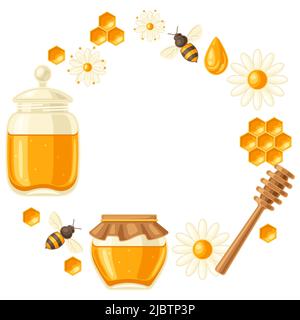 Frame with honey items. Image for business, food and agricultural industry. Stock Vector