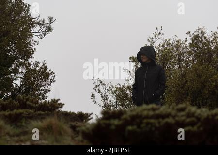 Selective focus shot of woman standing and thinking alone in hoodie in nature in foggy weather. Depressed woman. Stock Photo