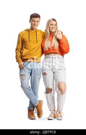 Young trendy couple posing and smiling isolated on white background Stock Photo