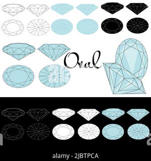 Oval cut. Cutting gems stones. Types of diamond cut. Four sides of jewelry with facets for background, carving and coloring. Stock Vector