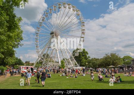 Families enjoy the weather in a park on a sunny summer day, Above them people ride in the big wheel. Stock Photo