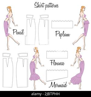 Skirt Pencil, Peplum, Flounce and Mermaid patterns. A visual representation of styles of the skirts on the figure. Stock Vector