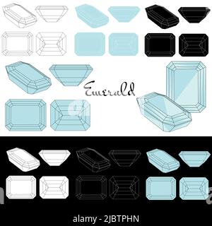 Emerald cut. Cutting gems stones. Types of diamond cut. Four sides of jewelry with facets for background, carving and coloring. Black, white and color Stock Vector