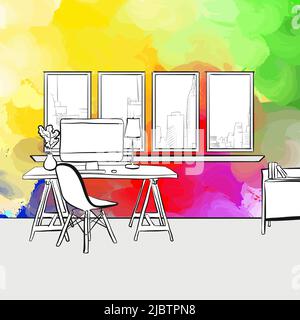 Creative Workplace. Real drawing by hand. Colorful vector sign. Stock Vector