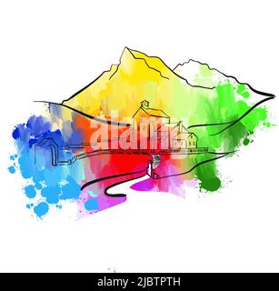Colorful Mountains. Real drawing by hand. Colorful vector sign. Stock Vector