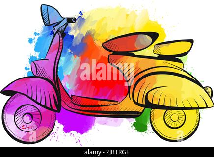 Vintage Vespa Scooter. Real drawing by hand. Colorful vector sign. Stock Vector
