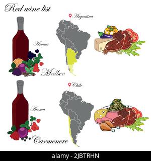 Malbec and Carmenere. The wine list. An illustration of a red wine with an example of aromas, a vineyard map and food that matches the wine. Stock Vector