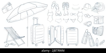 Vacation set by the sea. Illustration of a set for a holiday on the sea coast. Stock Vector
