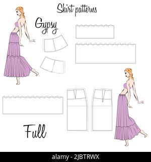 Skirt Gypsy and Full patterns. A visual representation of styles of the skirts on the figure. Illustration of the design and pattern of women's skirts Stock Vector
