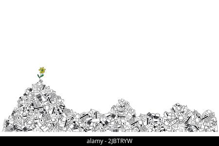 Flower on a heap of rubbish. Symbolic background of environmental protection. Illustration on the topic of ecology and environmental protection. Stock Vector