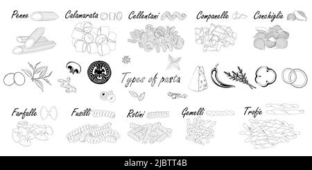Types of pasta. Short pasta difference, illustration example with ingredients. Black and white. Stock Vector