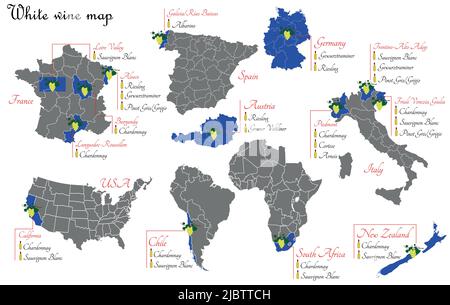 White wine map. Wine production map showing grape varieties. Regions of grape growing for wine production. Stock Vector
