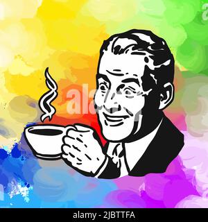 Coffee Icon Man. Real drawing by hand. Colorful vector sign. Stock Vector