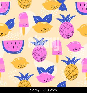 Multicoloured summer fruits seamless pattern for wallpaper, wrapping and textile. Modern colors. Lemon, ice cream, pineapple and watermelon Stock Vector