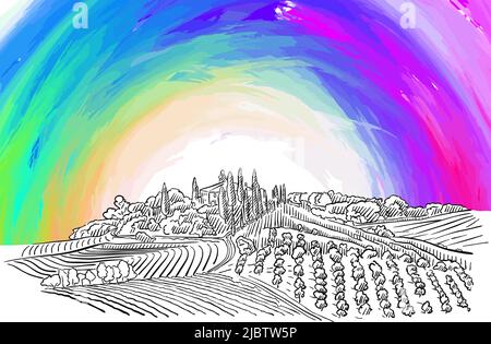 Provence Landscape. Real drawing by hand. Colorful vector sign. Stock Vector