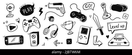 Video game hand drawn doodle set. Video gamer console, joystick, controller element. Computer retro, arcade play background. Vector illustration. Stock Vector