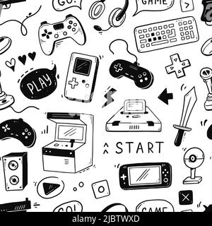 Video game hand drawn doodle seamless pattern. Video gamer console, joystick, controller element. Computer retro, arcade play background, wallpaper, pattern. Vector illustration. Stock Vector