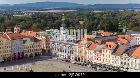 Historic city hall at the main square with mountain background in Ceske Budejovice, Czech Republic Stock Photo