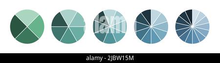 Set of pie chart diagrams. Circles cut on 4, 6, 8, 10 and 14 slices. Shades of green and blue gradient on white background, simple flat design vector Stock Vector