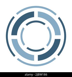 3 circles cut into parts, one thin and wide ring inside another, criss-cross aim icon. Shades of blue, flat design on white background vector illustra Stock Vector
