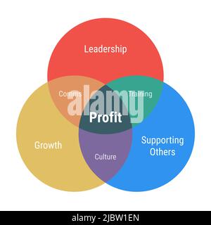 Profit venn diagram with 3 overlapping circles. Growth, leadership and supporting others. Comms, culture and training. Flat design yellow, red and blu Stock Vector