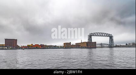 Distant view of Canal Park and the Aerial Lift Bridge in Duluth Stock Photo