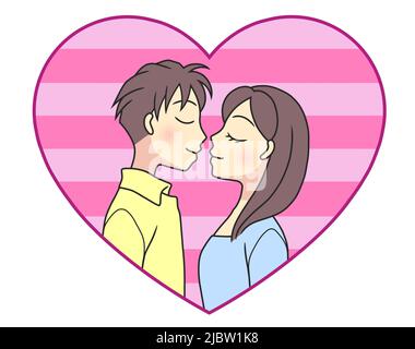 A young couple kissing in a pink striped heart Stock Photo