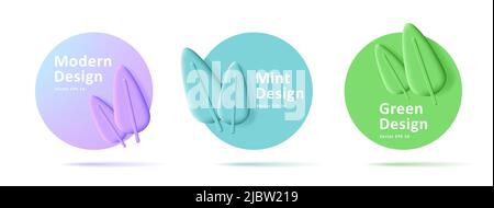 Round labels with 3d render leaves illustration, promo element. Vector illustration Stock Vector