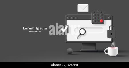 Digital 3d illustration of computer with email and calendar with coffee cup. Vector illustration Stock Vector
