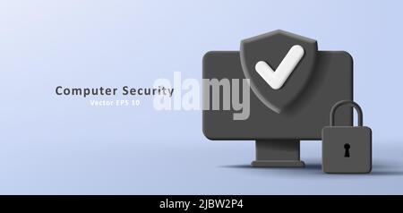 Mono chrome 3d illustration of encrypted computer with shield and padlock. Vector illustration Stock Vector