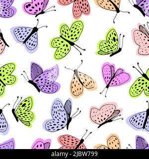 Multicolored moths on a white background vector seamless pattern. Line and spot. Stock Vector