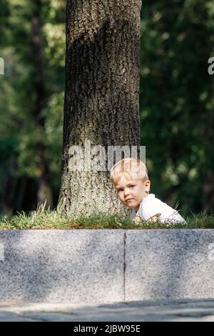 A little boy is hiding near a big tree. A child peeks out from behind a tree trunk. Stock Photo