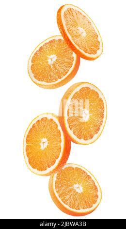 falling lemon slices with clipping path isolated on a white background. Stock Photo