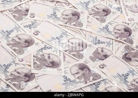 Background with Turkish Lira banknotes Stock Photo