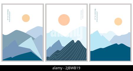 Vector illustration mountain landscape posters with yellow sun. Geometric landscape background Stock Vector