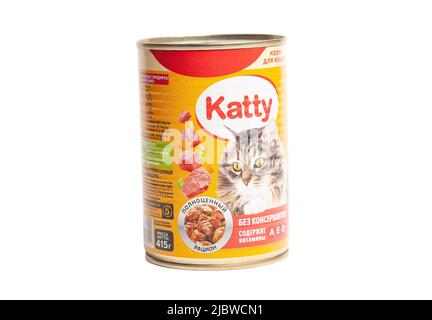 Moscow, Russia June 08,2022: Katty wet cat food canned. Isolated on white background. Stock Photo