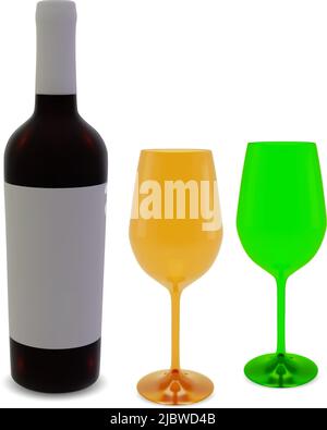 Wine bottle with wine color glasses. Vector image. Stock Vector