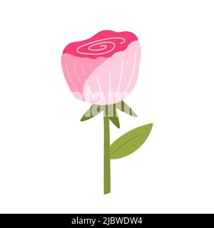 Cute pink rose with leaves isolated on white background. Vector illustration in hand-drawn flat style. Perfect for cards, logo, decorations Stock Vector