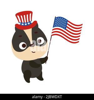 Cute little badger holding flag of United States in patriotic hat. Cartoon animal character for kids t-shirt, decoration, baby shower, greeting card, Stock Vector