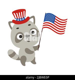 Cute little raccoon holding flag of United States in patriotic hat. Cartoon animal character for kids t-shirt, decoration, baby shower, greeting card, Stock Vector