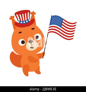 Cute little squirrel holding flag of United States in patriotic hat. Cartoon animal character for kids t-shirt, decoration, baby shower, greeting card Stock Vector