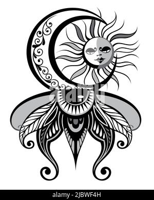 Bohemian hand drawing, esoteric sketch, engraving stylization. Sun and a crescent moon with a face. Design for tattoo, astrology, stickers, tarot. Stock Vector
